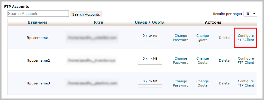 FTP Accounts list in cPanel