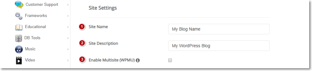 Installing WordPress using Softacolous Site Settings