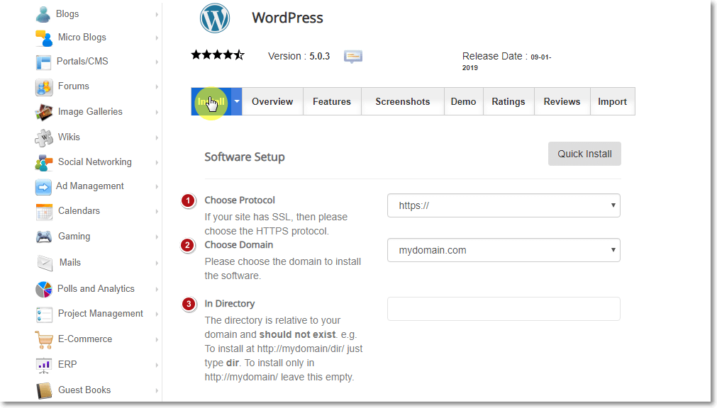 Installing WordPress using Softacolous Software Setup