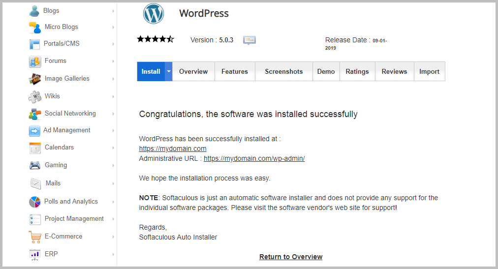 Installing WordPress using Softacolous Successfull