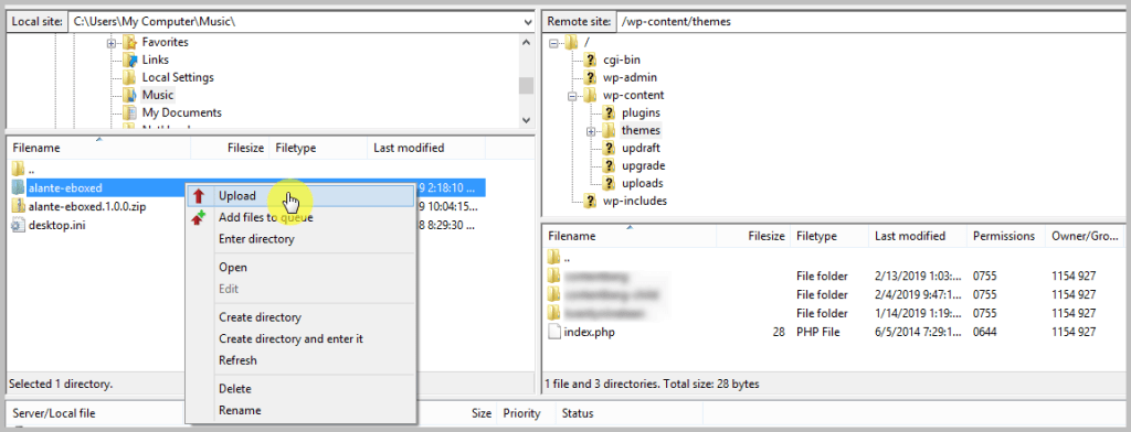 Uploading WordPress theme using FTP
