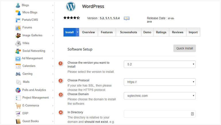 Installing WordPress using Softacolous Software Setup
