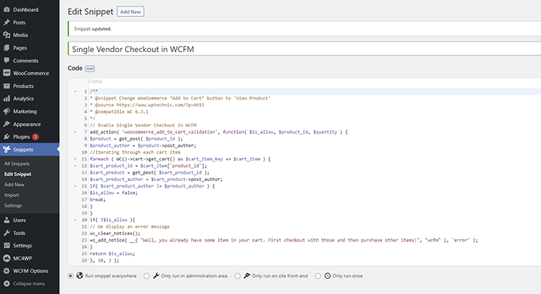 single vendor checkout in wcfm phpsnippet