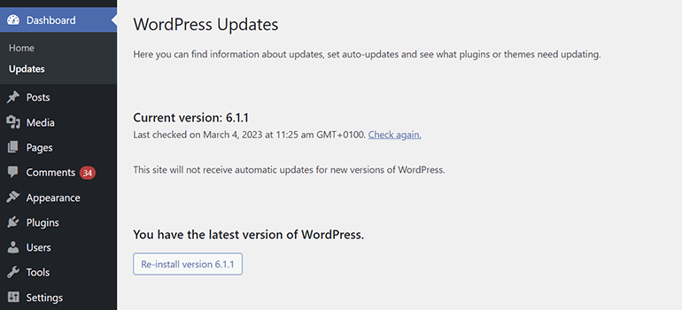 wordpress version check dashboard updates